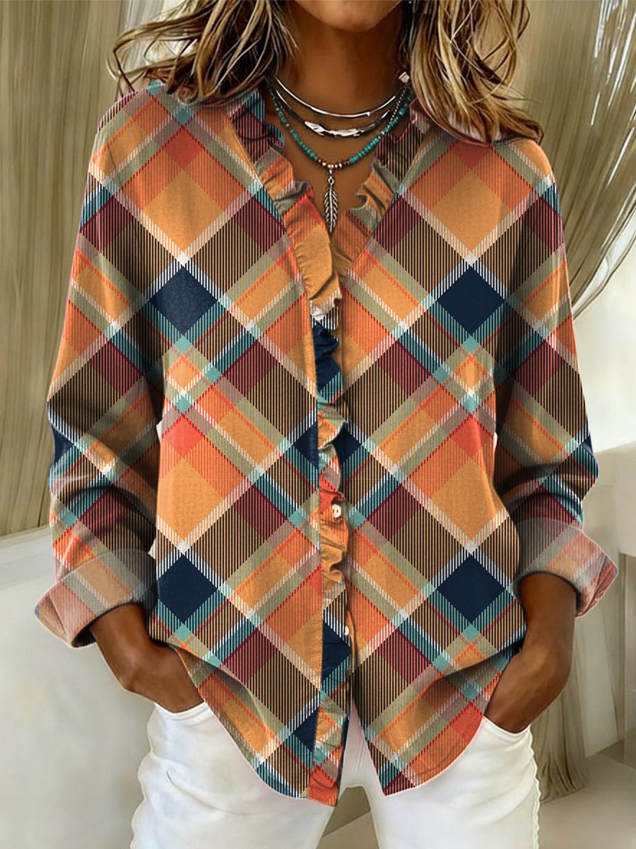 Women's Plaid Print Casual Cotton And Linen Ruffle Shirt