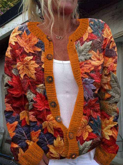 Women'S Autumn Season Maple Leaf Design Printed Cardigan