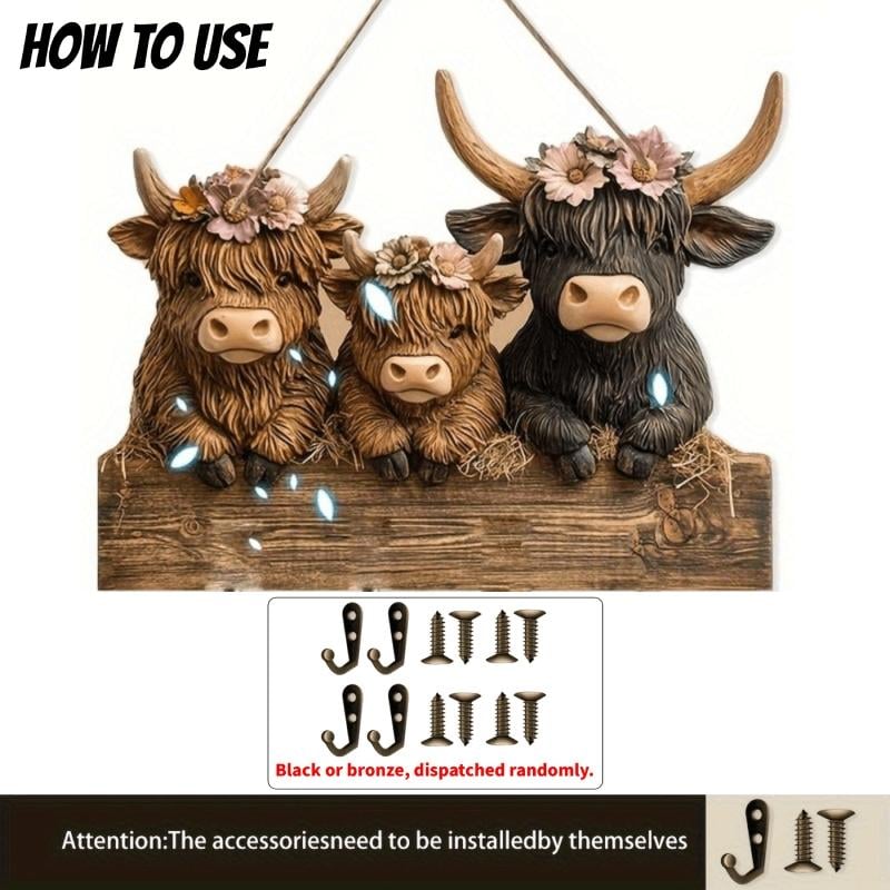 2D Printed Country Style Highland Cow Wooden Ornament 🐮
